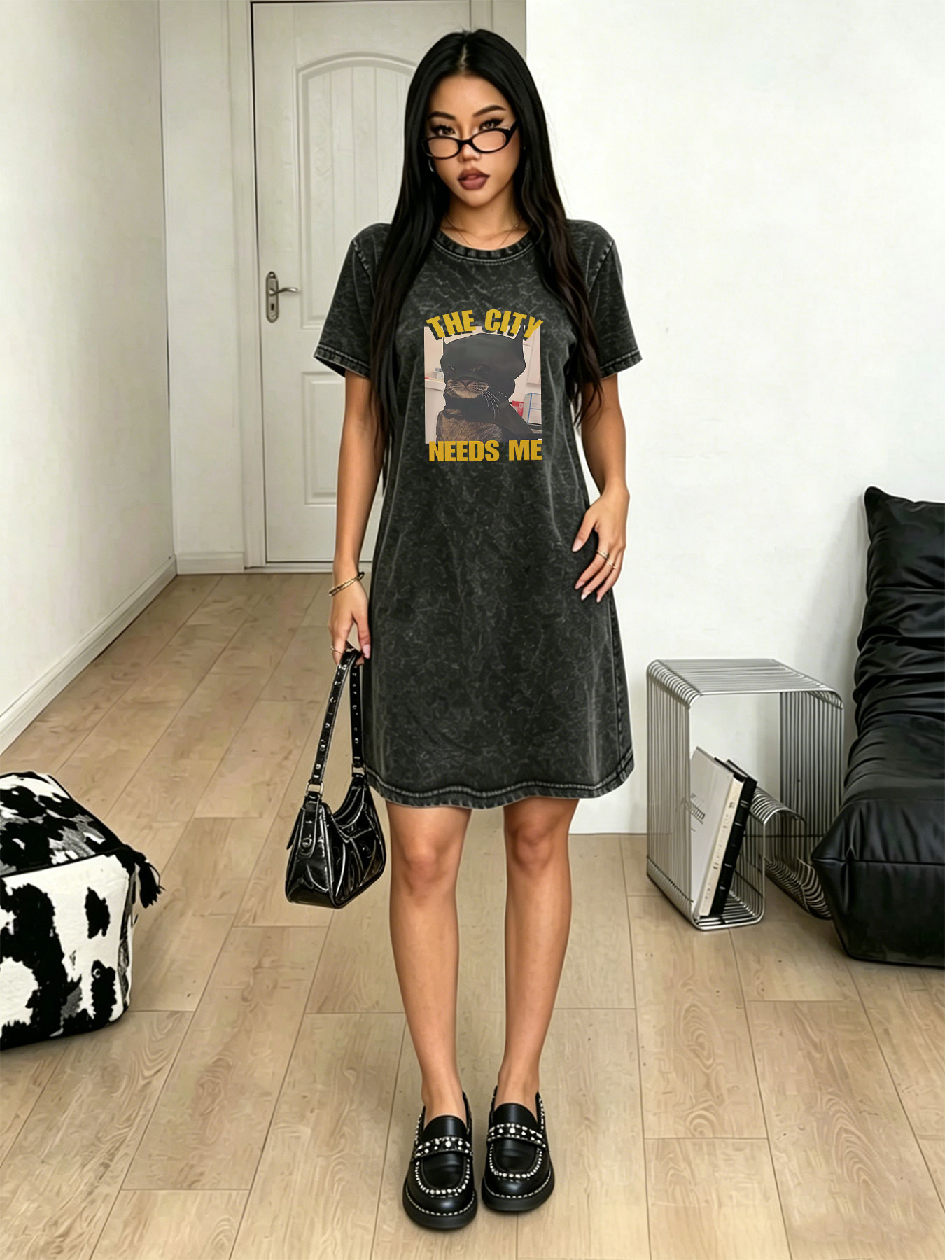 Streetwear Brand Cat - Vintage Washed Distressed T-Shirt Dress for